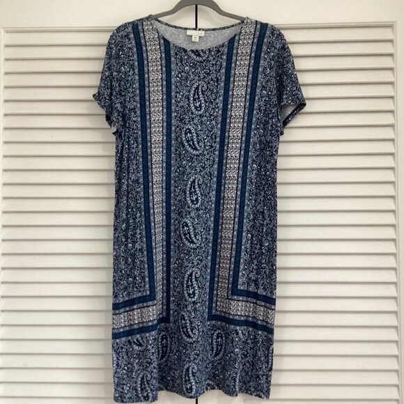 J Jill Dress Blue Floral/Paisley Dress Size M Short Sleeve Stretch Casual Cottag - Picture 4 of 11